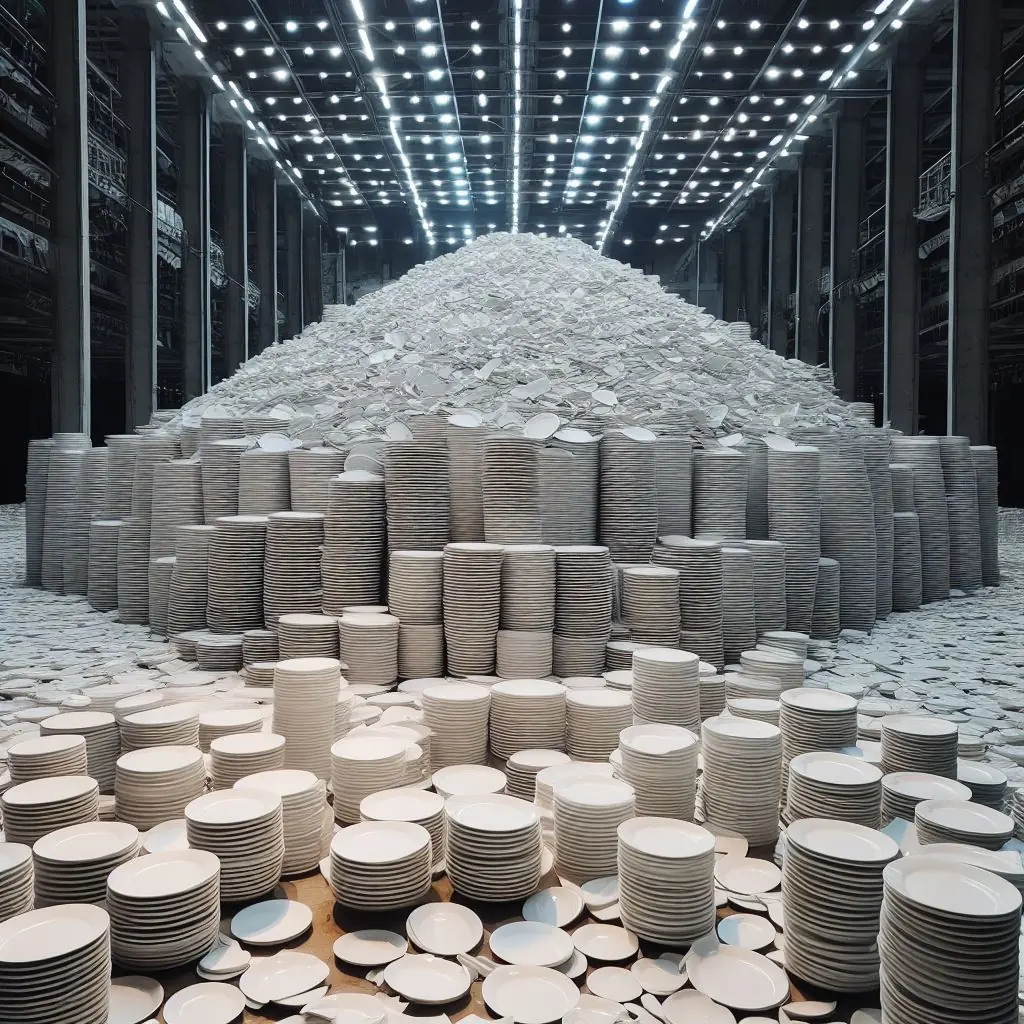 A mountain of broken plates surrounded by stacks of new ones