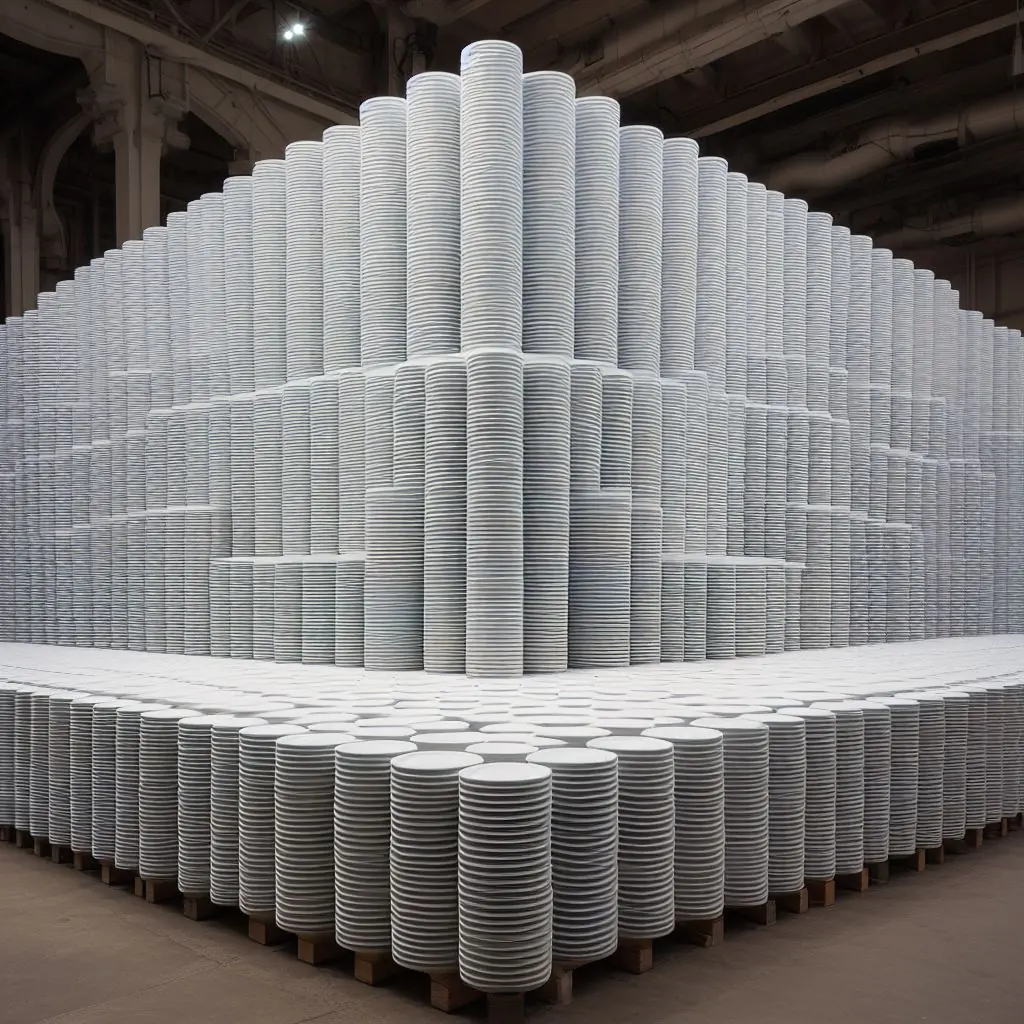A towering wall of stacked white plates