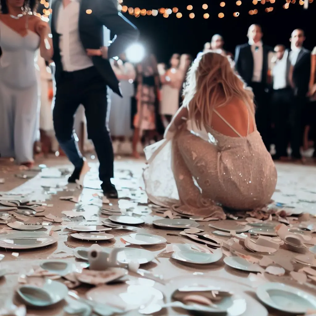 Guests dancing on a floor covered in broken white plates at a wedding